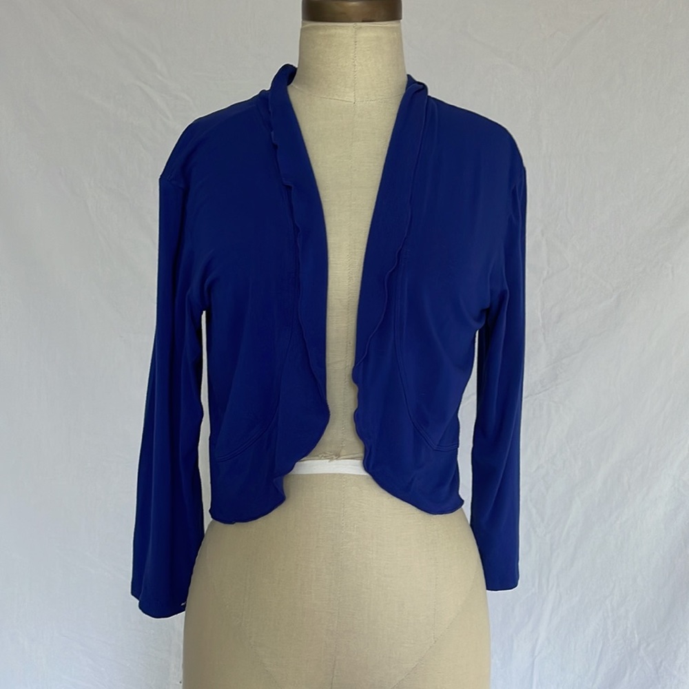 Zen-Knits royal blue ruffled knit open shrug